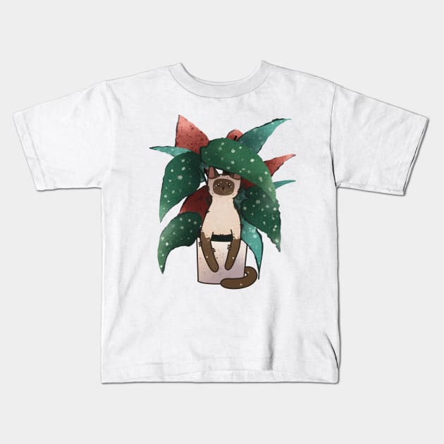 Cat and Plants - Thai Cat and Begonia Maculata Kids T-Shirt by Feline Emporium